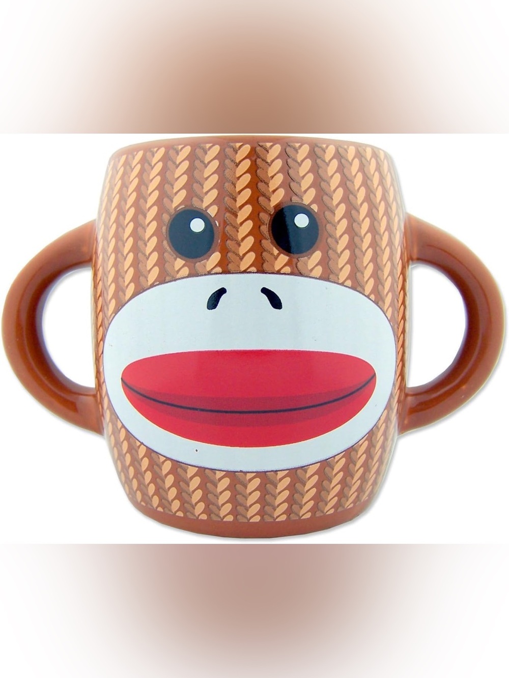 Galerie brown ceramic sock monkey mug featuring two handles